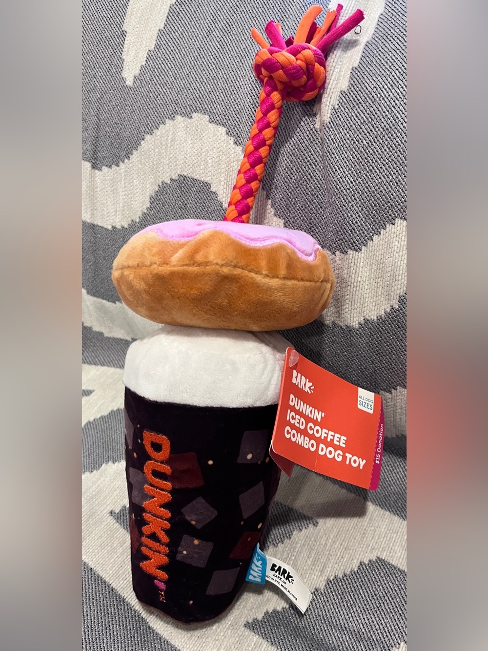TITLE:
BARK x Dunkin Iced Coffee Combo Dog Toy Pink Donut Rope Squeaker NWT